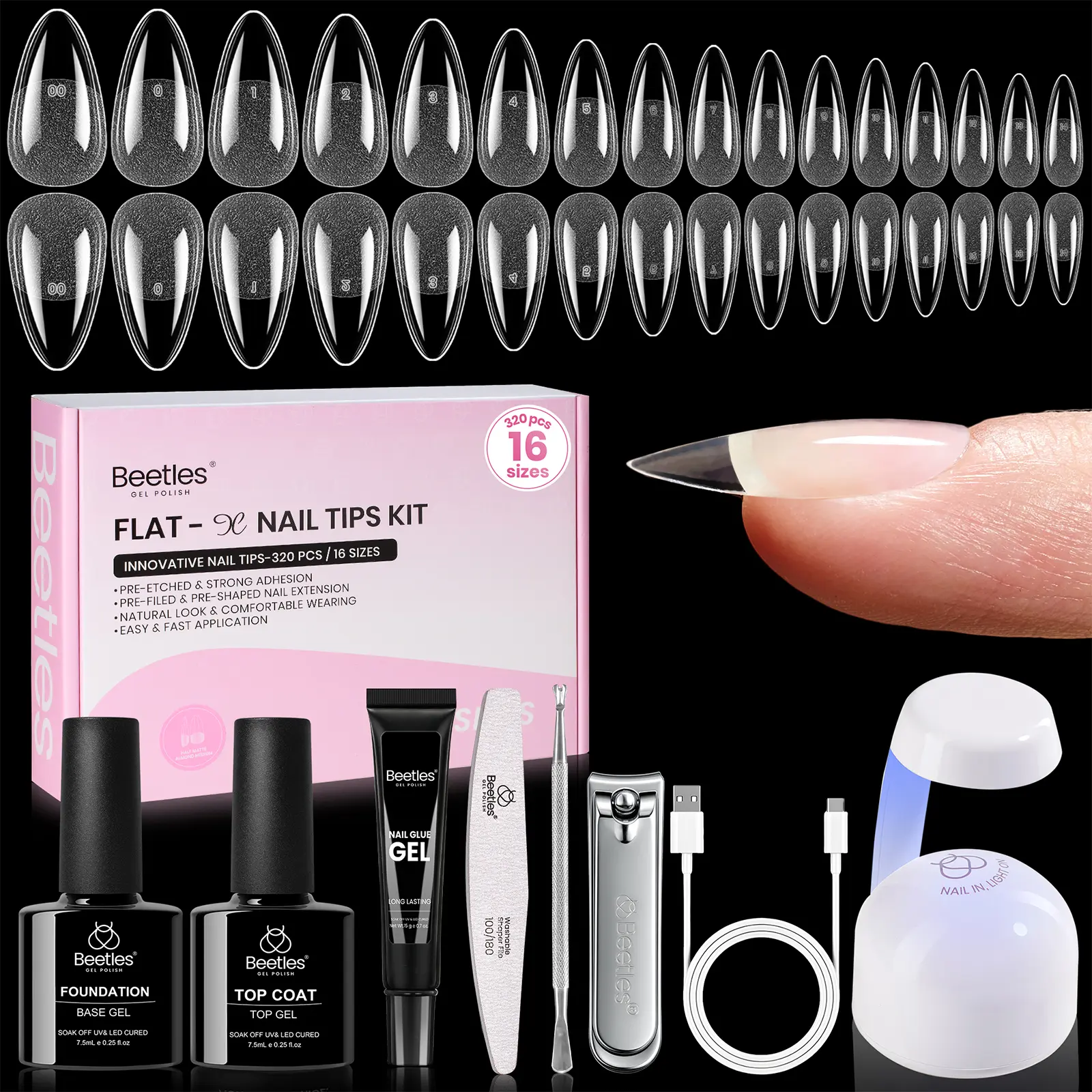 Beetles Gel Nail Kit Flat-X, 320pcs 16 Sizes Nail tips, with 15g Nail Glue Gel Hands-Free, 7.5ml Base Gel & Top Coat, Mini Lamp, for Acrylic Press On Nail, Extension DIY Set at Home
