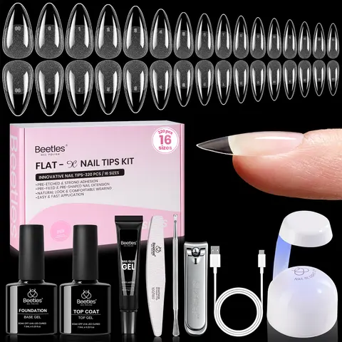 Beetles Flat-X UV Gel Nail Art Set - UV LED Lamp, Clipper, 320 Pieces 16-Size Almond Fake Tips, 15g Hands-Free Glue Gel, 7.5ml Base & Top Coat for At-Home Acrylic Extensions DIY Manicure Supplies