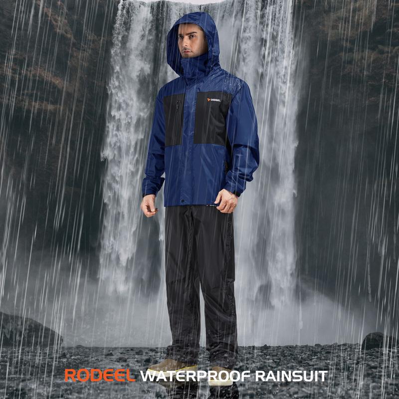 RODEEL 702 Waterproof Jacket and Pants Set Men Lightweight Breathable Full Zip Adjustable Hooded Rain Coat Durable Rain Suit Weatherproof Rainwear Windbreaker For Outdoor Hiking Camping Fishing Boating Construction Landscaping, Holiday Gift