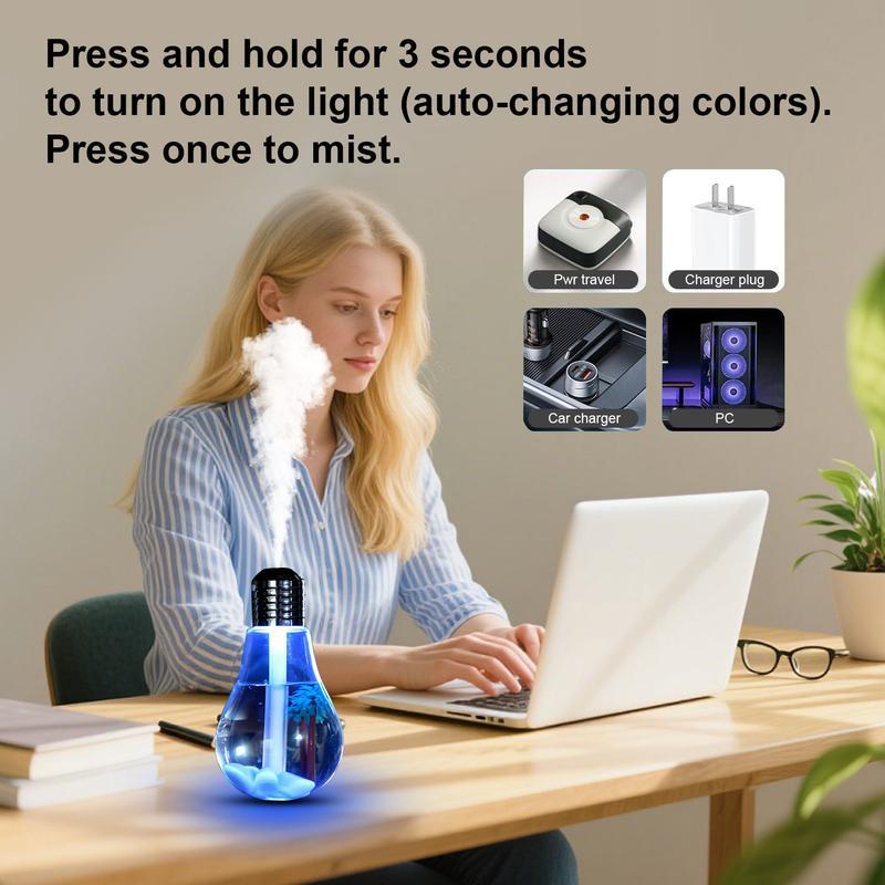 [Holiday Haul] 7-Color Auto-Changing Bulb Humidifier: 400ml Aroma Diffuser with Decorative PET Insert, 6H Quiet Mist, Essential Oil Diffuser for Home Office Yoga, Mood Light | Control: Hold 3s for Light (Auto-Cycle), Press Once for Mist