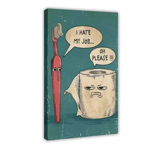 Funny Toothbrush and Toilet Paper Comic Art for Bathroom Restroom Guest Bath Canvas Wall Art Print Humorous Relatable Mood Decor