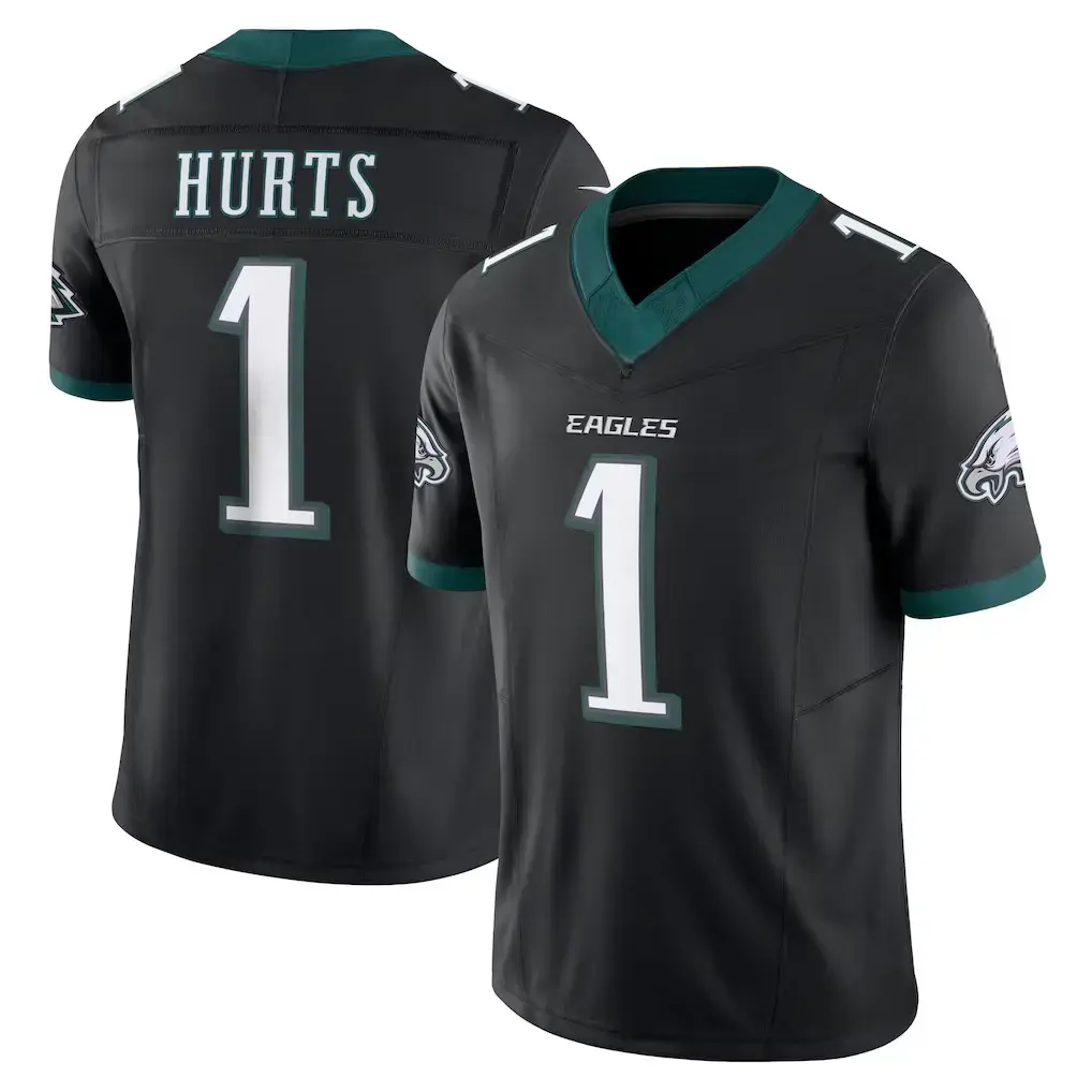 Full Print White/Black Hurts 1 Football Jersey, Men's Breathable V Neck Short Sleeve Athletic Shirt, Team Game Uniform, Sports Fan Apparel, Unisex Gift for Football Fans
