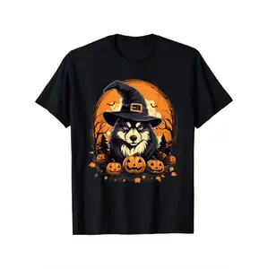 Spooky Halloween Siberian Husky Witch Costume T-Shirt Featuring Pumpkin and Bat Design Made with Heavyweight Cotton Available in Sizes Up to 5XL Ideal for Pet Lovers and Halloween Celebrations