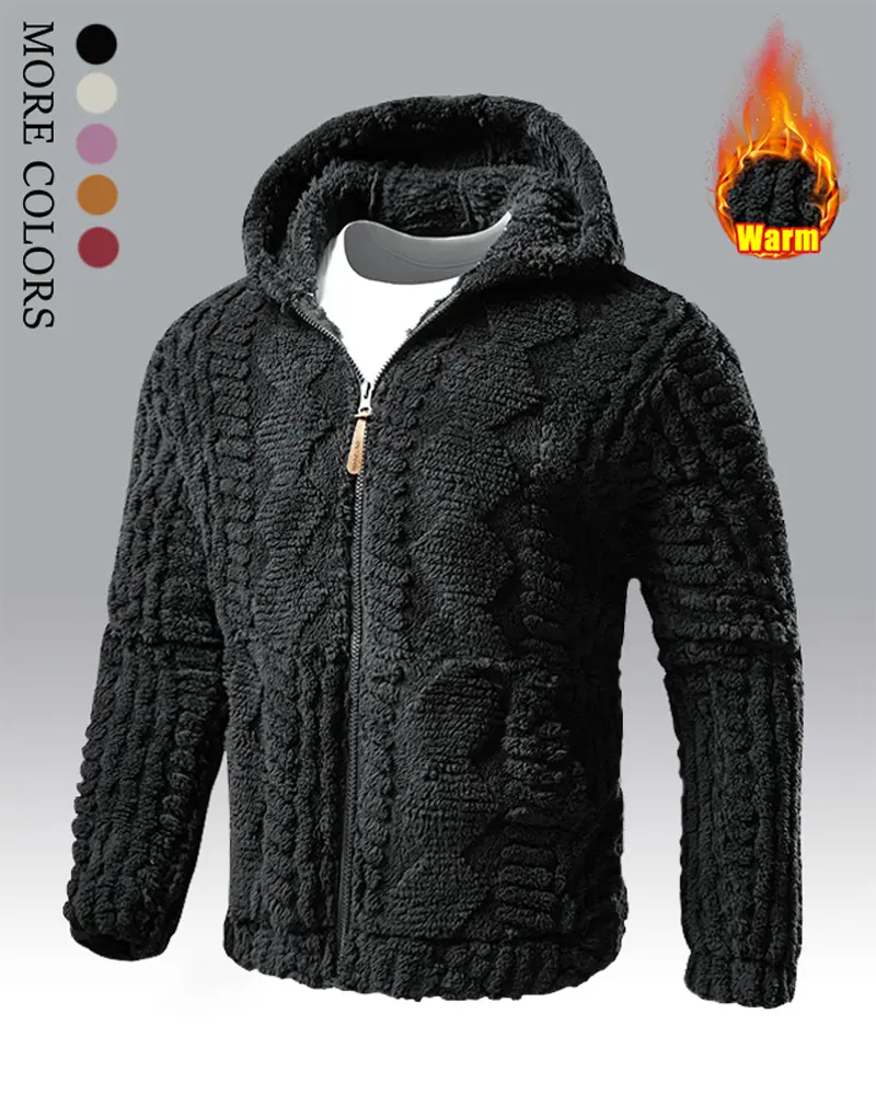 Men's Winter Fleece Hoodie – Thick, warm jacket with ribbed cuffs and zippered front; fleece lining provides wind protection; perfect for outdoor hikes, jogging, fishing, gym workouts, or everyday casual wear; an essential piece for any man's wardrobe., T