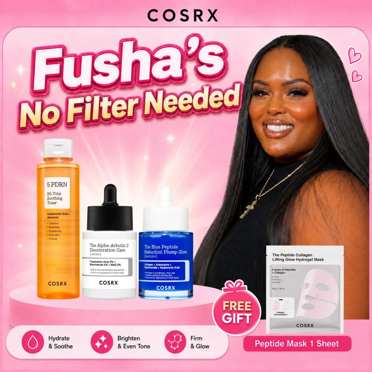 [GWP] [FUSHA x COSRX] Fusha’s No Filter Needed  l Blue Copper Peptide Serum 1EA + 5 PDRN Toner 1EA + Alpha-Arbutin 2  Discoloration Serum 1EA + GWP Peptide Hydrogel Mask 1 Sheet l Korean skincare set l K-beauty l Glazed skin