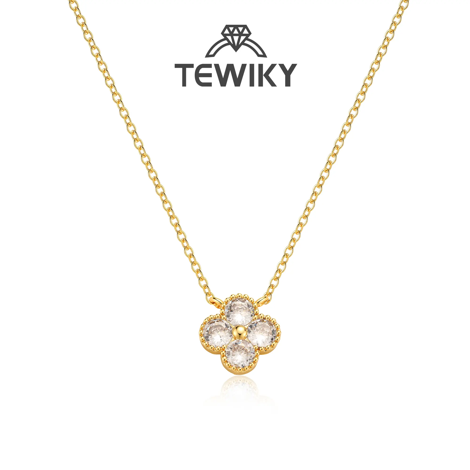 TEWIKY 14K Gold Plated Colored Dangling Ear-Edge Zircon 4-Leaf Clover Necklace, Gold Plated Chain, Whimsical Jewelry, Accessories for Women, Mom Birthday Gifts & Gifts for Girlfriend (Daily & Party Wear)