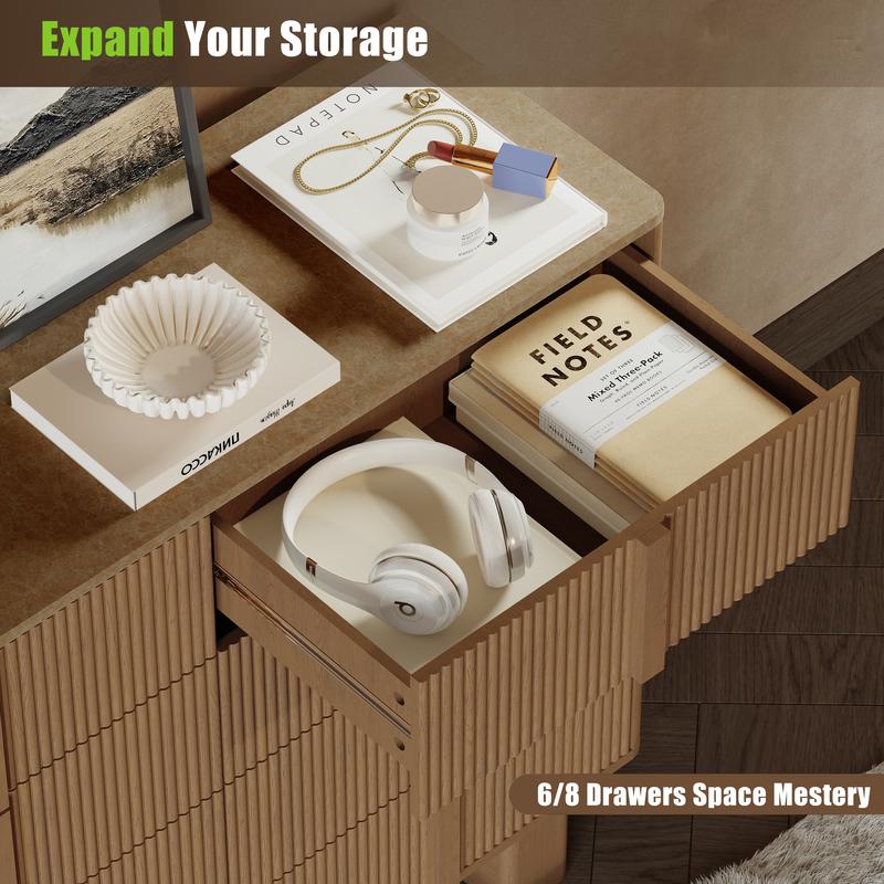 Octagon Wood Storage Cabinet with 8 Sliding Drawers, 3D Carved Wooden Accent Cabinet for Living Room, Space-Saving Design