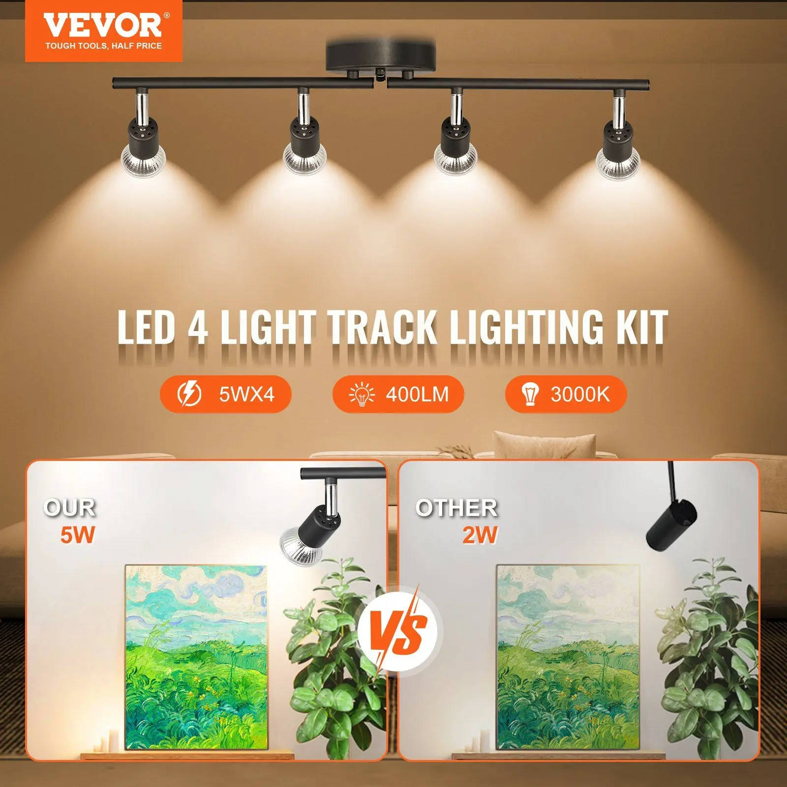 VEVOR 4-Light LED Track Lighting Kit, Ceiling Spot Light with Rotatable Light Arms and Heads, 24.8" Track Lighting Fixture, Included 4 GU10 3000K Bulbs for Indoors Exhibition, Kitchen, Living Room