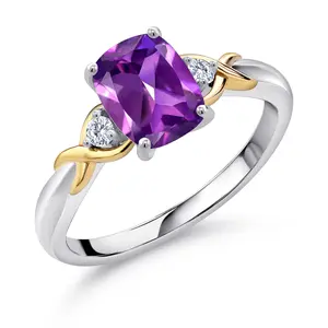Gem Stone King 925 Silver and 10K Yellow Gold Gemstone Birthstone and Lab Grown Diamond 3-Stone Engagement Ring | Cushion 8X6MM | Wedding Anniversary Promise Ring
