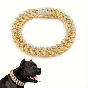 Shiny Cuban Chain Dog Collar for Small Medium & Large Dogs 13mm Wide Synthetic Zirconia Inlay Metal Pet Necklace Cat Collar Jewelry Accessories