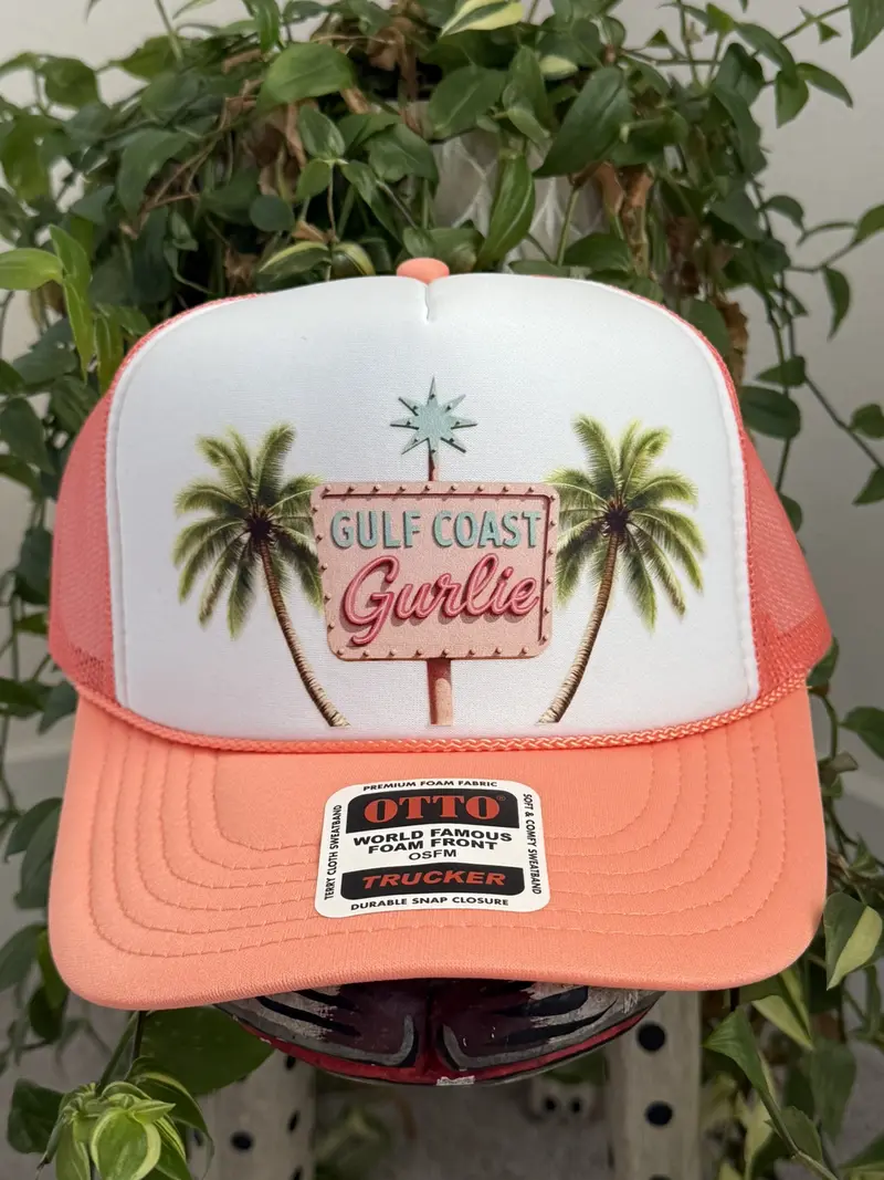 Gulf Coast Trucker Hat - Pink and White Design with Palm Trees and Gulf Coast Gurlie Text