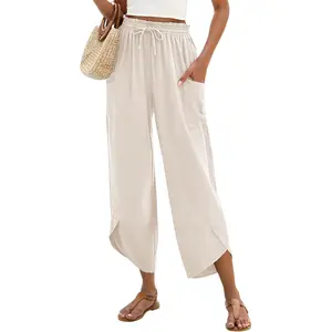 Women Linen Palazzo Pants Boho Wide Leg Elastic Waisted Casual Capri Pant Summer Harem Lounge with Pockets