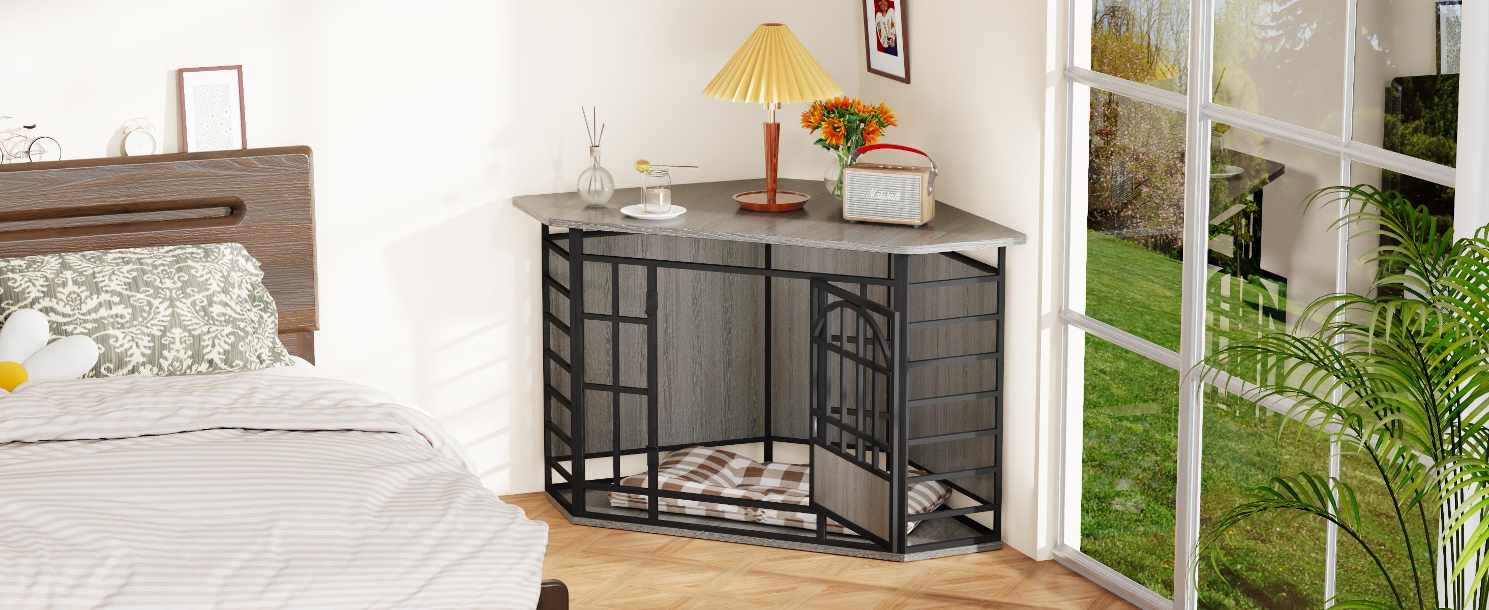 COZPAW 52 Inch Corner Dog Crate Furniture,Wooden Dog Kennel Indoor Furniture End Table,Modern Dog Cage Decorative Pet House TV Stand for Large Medium Dogs,Gray