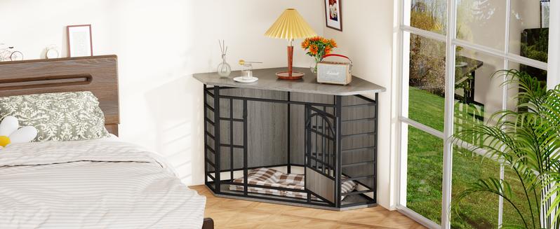 COZPAW 52 Inch Corner Dog Crate Furniture,Wooden Dog Kennel Indoor Furniture End Table,Modern Dog Cage Decorative Pet House TV Stand for Large Medium Dogs,Gray
