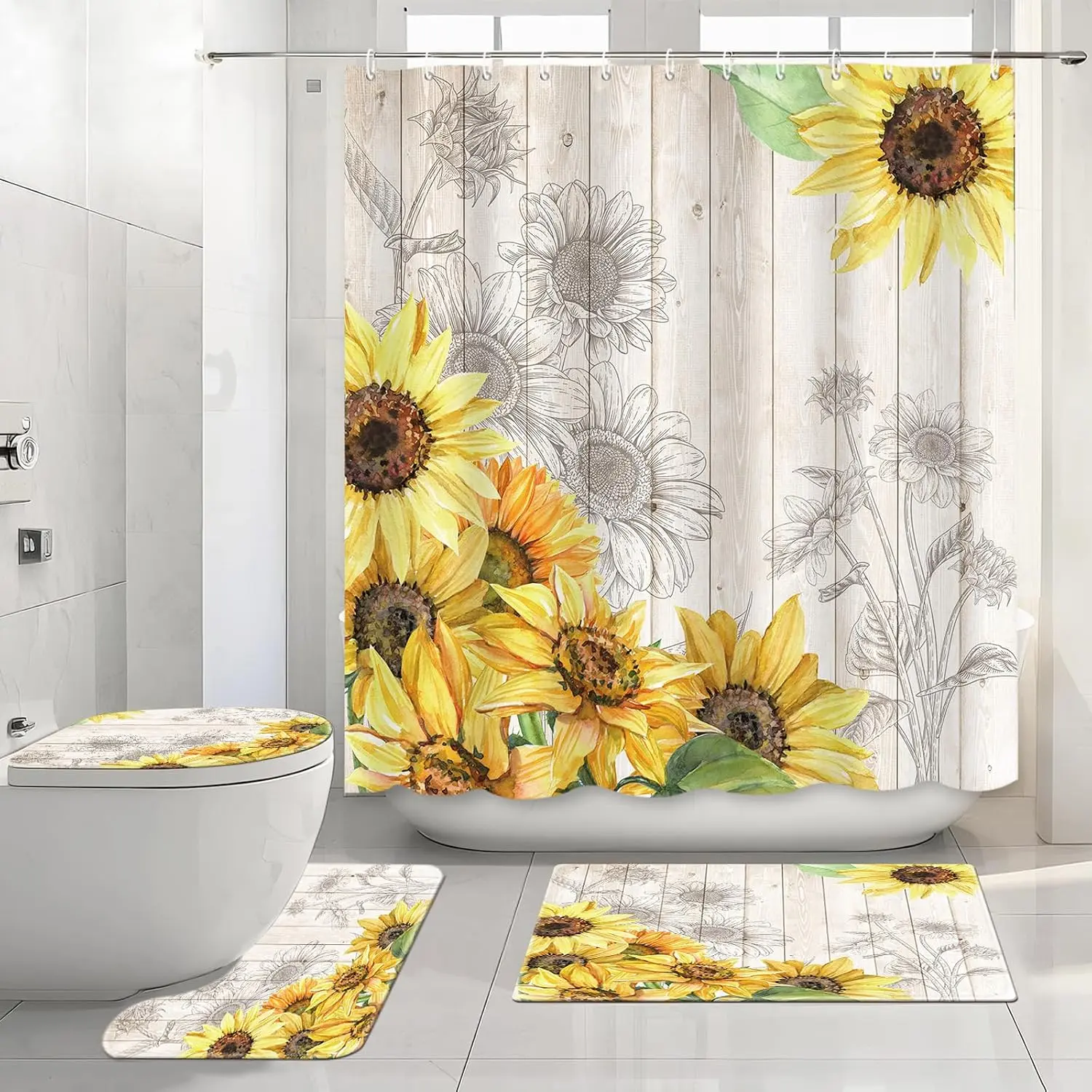 Sunflower Bathroom Set, including shower curtain and rug - floral pattern, 4-piece shower curtain set, includes rug, memory foam toilet seat cover and non-slip U-shaped bath mat.