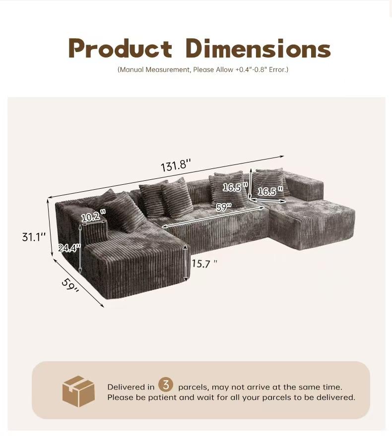 132''U-Shape Modular Sectional Couch Sofa Boneless Compressed Corduroy Modern Sleeper Space-Efficient Convertible Design 3 Packages Shipping