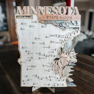 Layered Minnesota State Park Map with Moose – Wood Travel Tracker Gift FREE SHIPPING