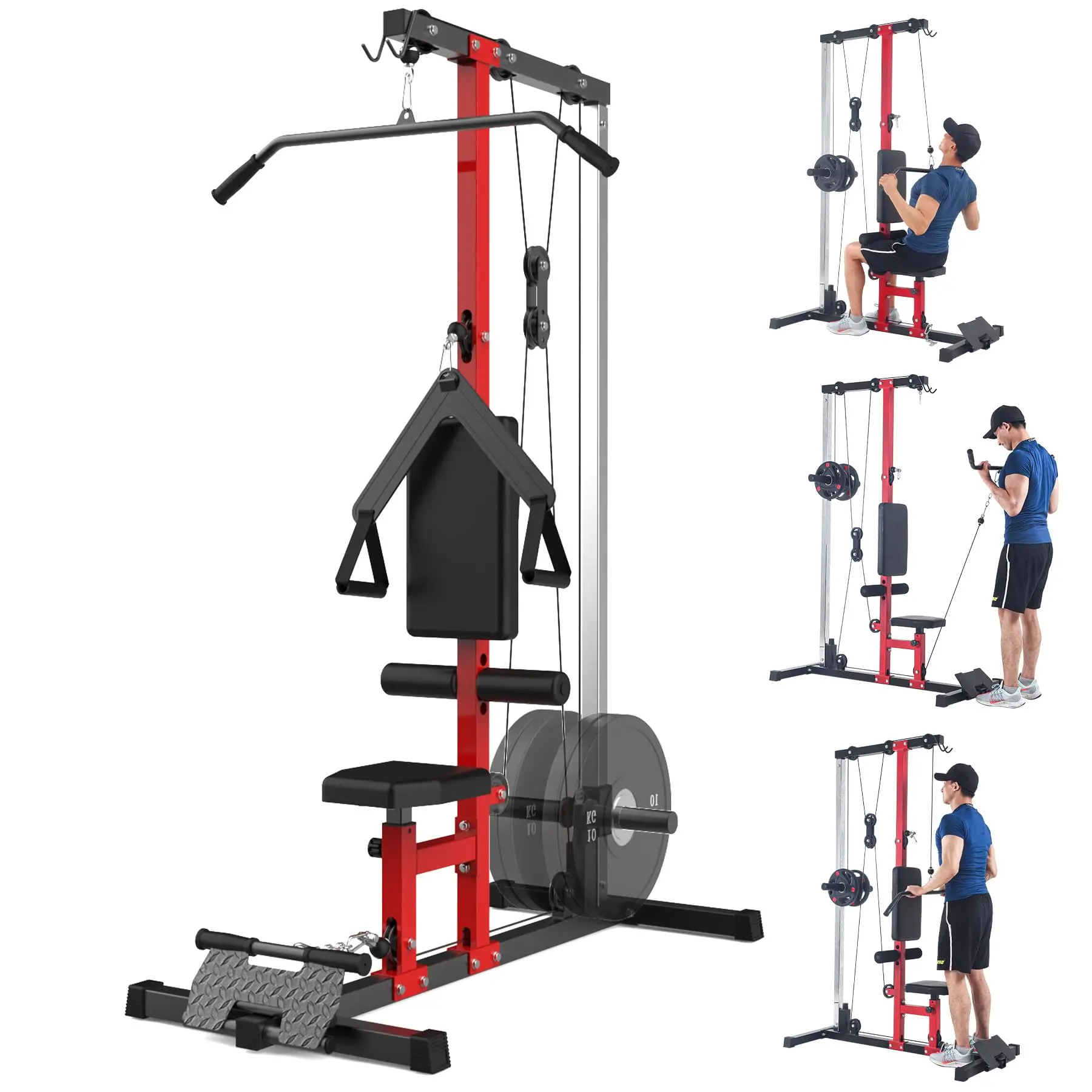 Gaomon Adjustable Workout Equipment Home Gym Combo - Indoor Home Fitness Machine with Lat Pullover, High-Low Pulley Station, Adjustable Leg Support for Total Body Training (Black-Red)