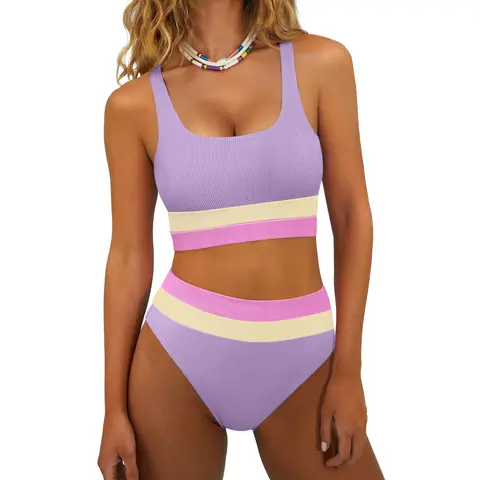 ANRABESS Bikini Sets for Women Summer 2026 High Waisted 2 Piece Bathing Suit Tummy Control Swimsuit Color Block Swimwear