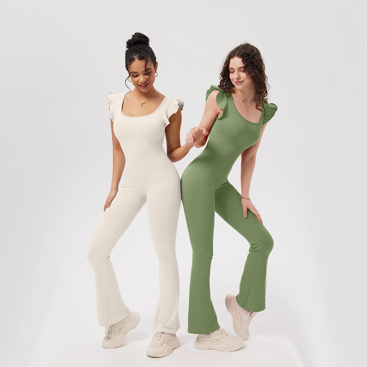 OQQ Jumpsuits For Women Ribbed Square Neck Ruffles Sleeveless Flare Long Pants Stretchy Soft Party Jumpsuits Womenswear Lady Comfort Bridal Basic SpringStatements