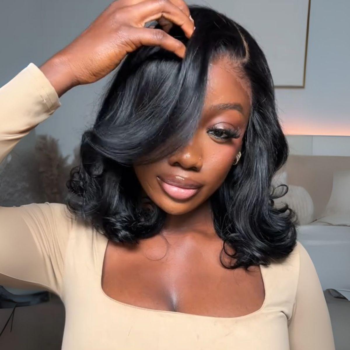 [Upgraded 7x6 Lace] Menglle Hair Side Part Glueless Layered Cut Loose Wave 7×6 Pre Cut Lace Human Hair Wigs Shoulder Length Short Bob Wig Pre Hair styled#greenish#TikTokShopSpringGlowUp
