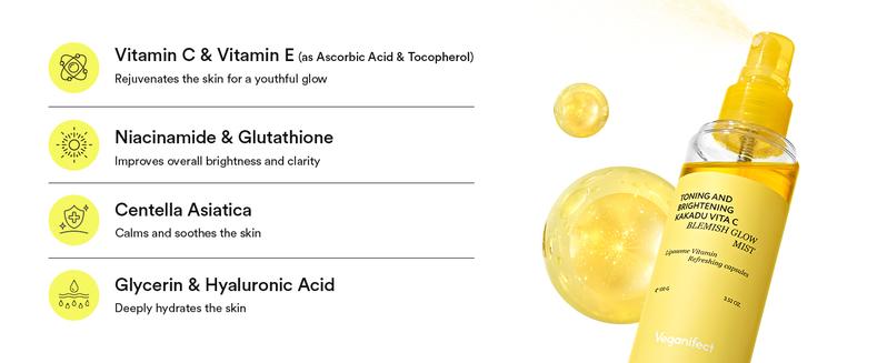 VEGANIFECT Vitamin C Glow Mist for Radiant Skin, Hydrating Serum Mist with Niacinamide & Glutathione, Korean Vegan Skincare, 3.38 Fl Oz