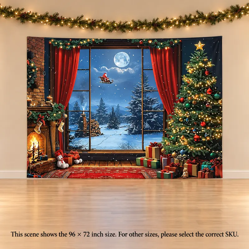 Christmas Tree and Snowy Window Backdrop - Moonlit Winter Polyester Photo Banner
