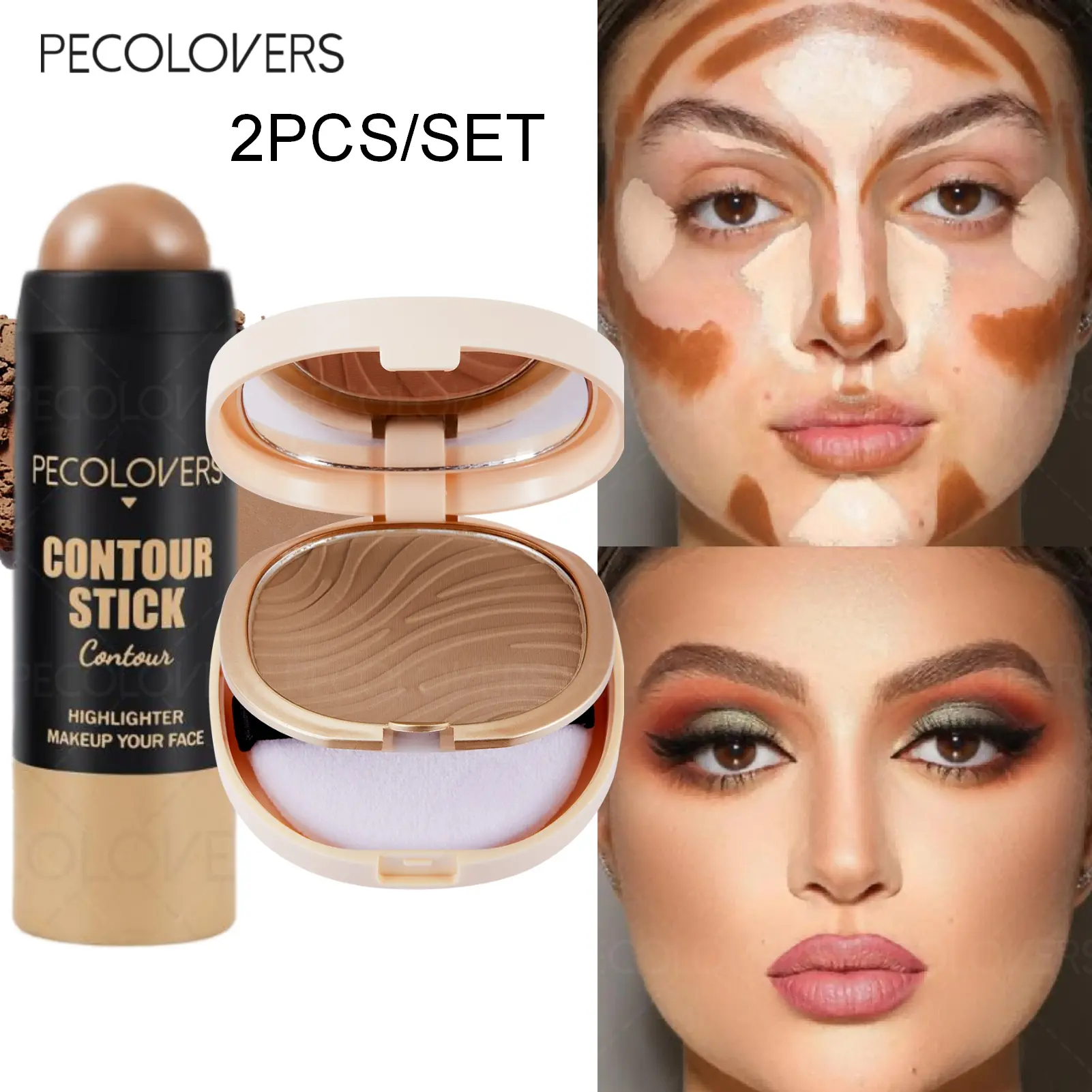 2pcs/set Waterproof Flawless Finish Concealer+Contouring Pressed Powder Palette Long-Lasting Sweatproof All Skin Types Complexion Set Beauty Kit