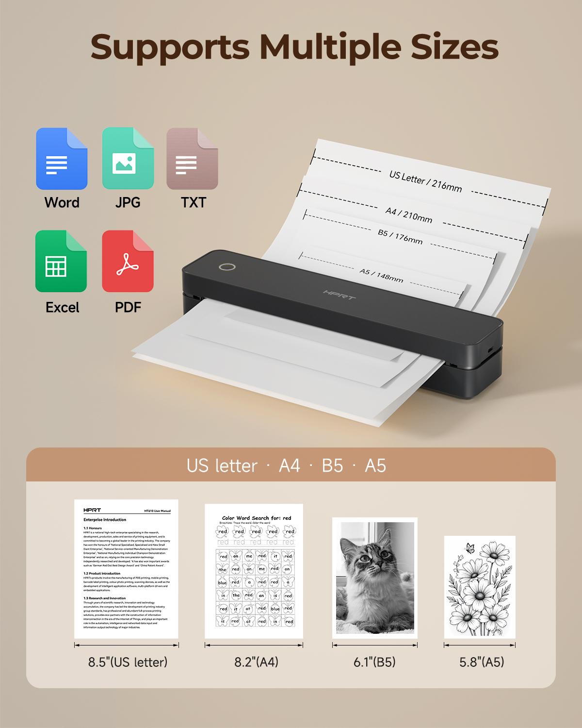 Inkless Portable Printer, Wireless Bluetooth Thermal Printer for Travel & Mobile Use, Compatible with iOS, Android, Laptop, Supports 8.5"x11" US Letter & A4 Paper, No Ink Needed, Ideal for Home & Office