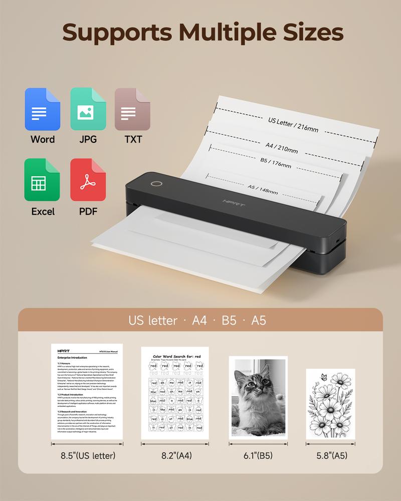 Inkless Portable Printer, Wireless Bluetooth Thermal Printer for Travel & Mobile Use, Compatible with iOS, Android, Laptop, Supports 8.5"x11" US Letter & A4 Paper, No Ink Needed, Ideal for Home & Office