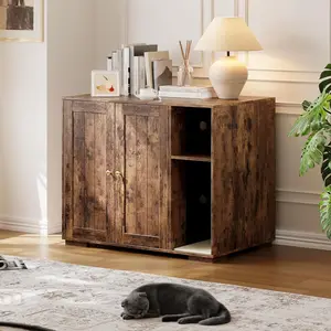 Large Robot Enclosure Cabinet, Cat Litter Box Furniture with Built-in Power Outlet, Dog-Proof Storage Shelf, Non-Slip Mat, 5 Ft Cord, Fits Automatic Self-Cleaning Litter Boxes, Easy Assembly, Brown