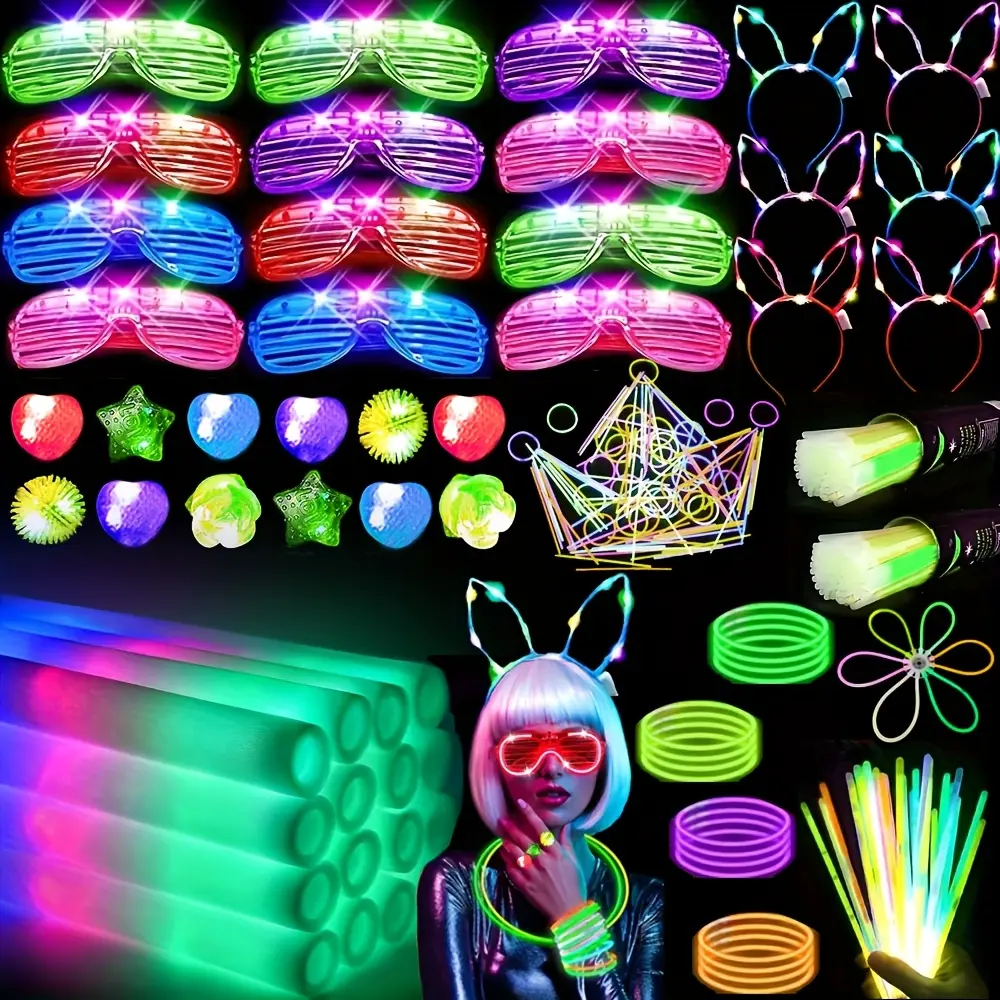 142-Piece Neon Glow Party Supplies: 100 Glow Sticks + 12 Foam Sticks + 12 LED Glasses + 12 Finger Lights + 6 Headbands – Ideal for Birthdays, Halloween, Christmas, Weddings, Concerts & Carnival Events