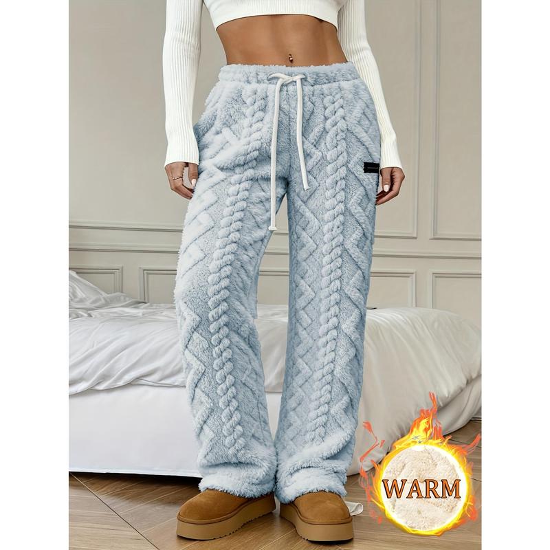Women's Winter -Lined Casual Pants, Jacquard Fabric, Drawstring Waist, Suitable for Winter Home and Outdoor Wear