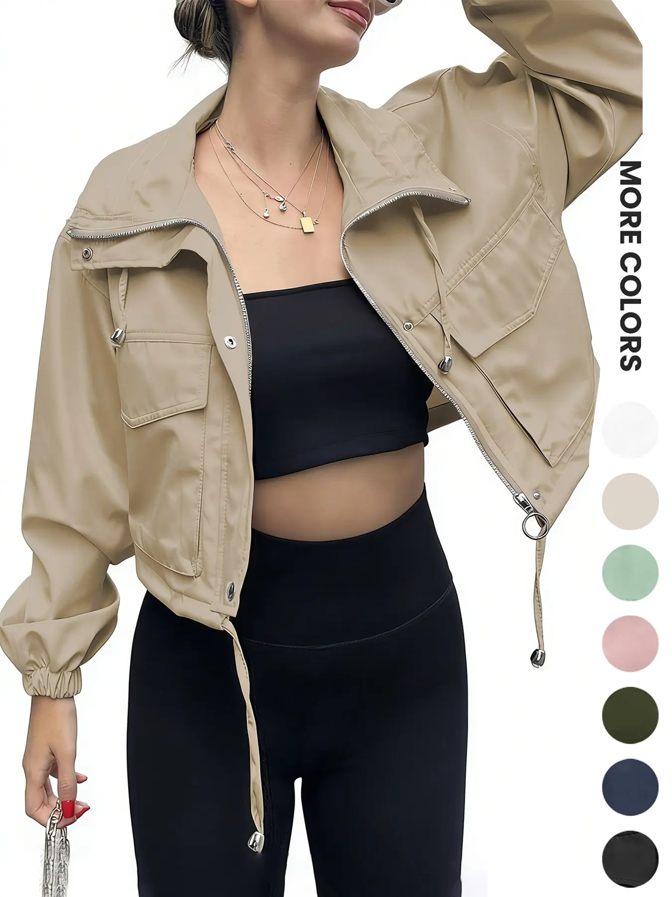 Women's Solid Zip Up Crop Jacket Coats, Casual Fashionable Pocket Lightweight Outerwear, Ladies Womenswear Spring & Fall Clothes