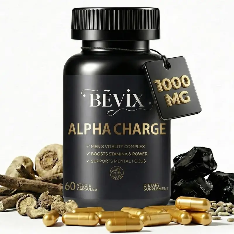 BEVIX Alpha Charge 1000 MG Premium Formula contains 12 herbal ingredients Fitness – Energy, Circulation – 60 Capsules