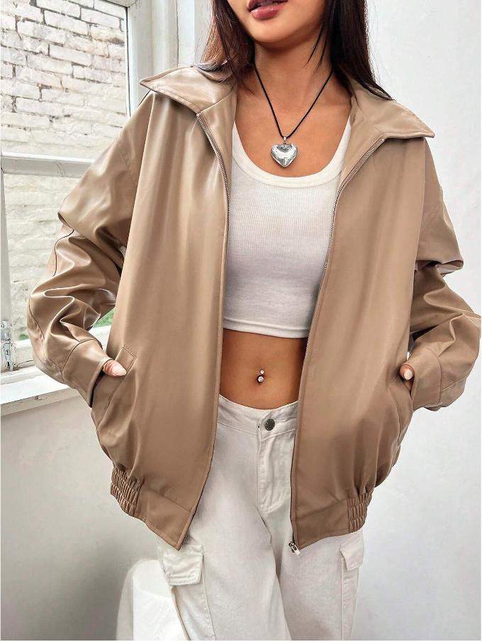 Zip Up Drop Shoulder PU Thick Leather Jacket *LooKo