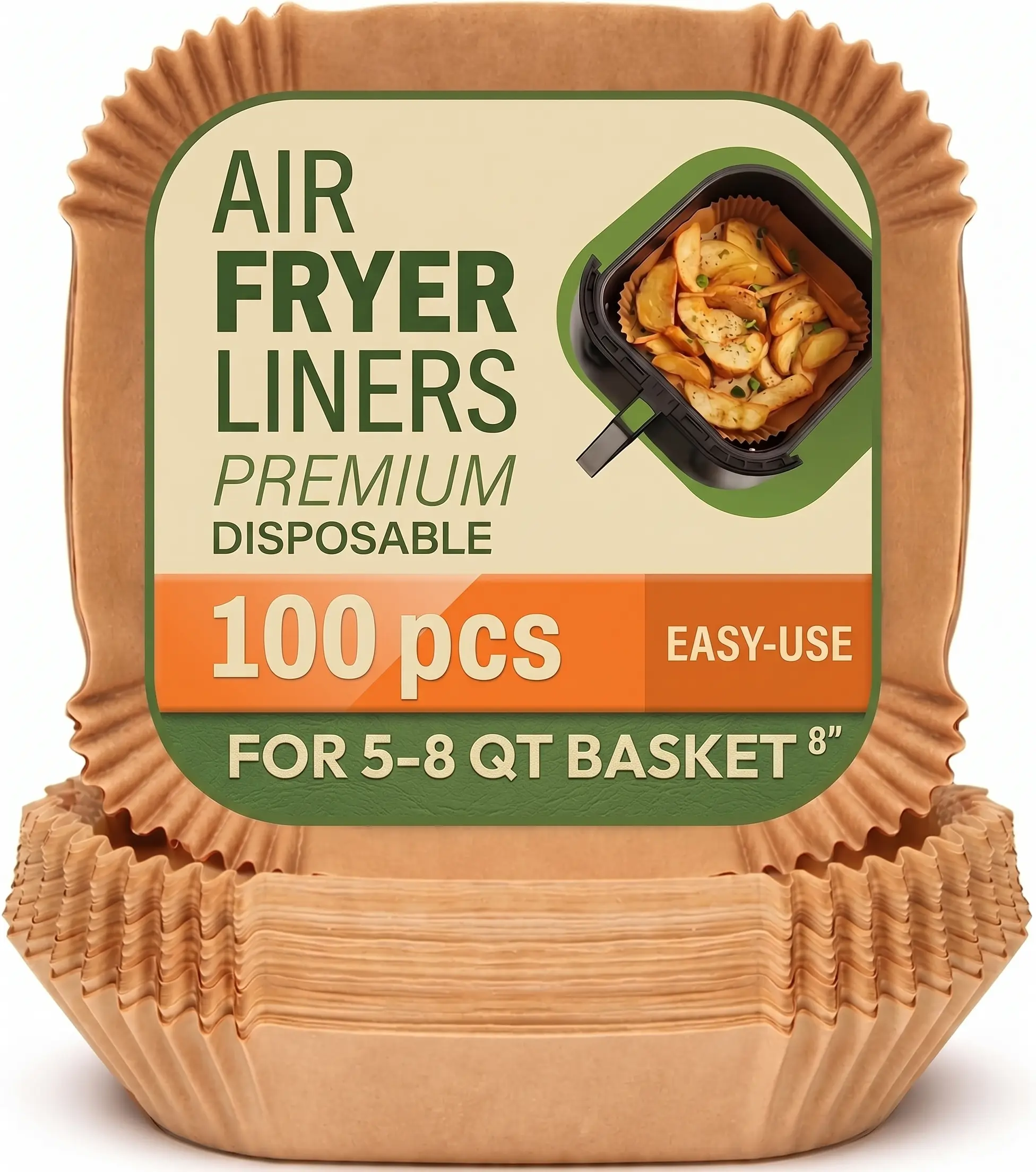 Air Fryer Paper Liners, 100Pcs Parchment Paper, Air Fryer Liners Disposable for Microwave, Non-Stick Air Fryer Liner Square Free of Bleach (8IN) Baking Supplies