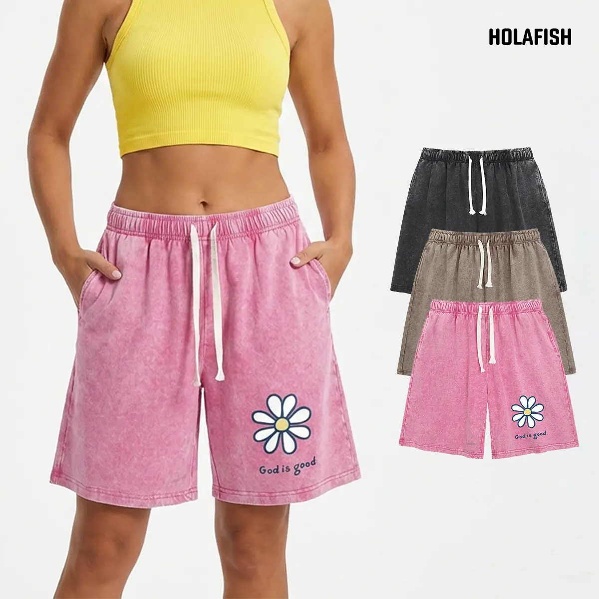 Holafish Women's Bold Acid Wash Shorts - 98% Cotton Feels Soft and Breathable, Heavyweight Drape Cotton Blend, Unisex Relaxed Fit Elastic Waist, Flower Print Adds Playful Retro Charm, Flat Glossy Finish, Sleek, Durable Ink Print, Casual Active Wear, 2X