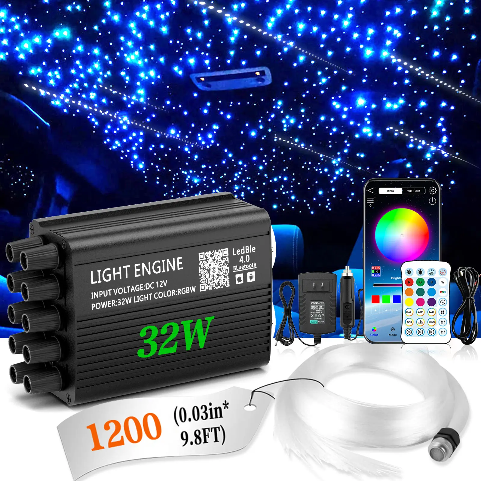 Twinkle & Meteor 2 in 1 Starlight Headliner Light Kit, 16W/32W with 750pcs/1200pcs 9.8ft Fiber Optic Cable, RGBW Light Source, Sound Activated, APP & Remote Control for Car, Home, Party Decor LED Star Ceiling Lights