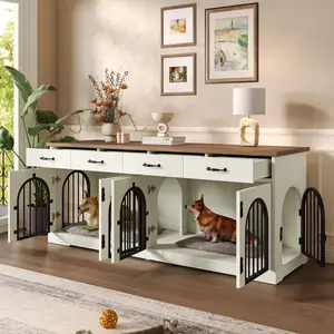 70.8" Large Dog Crate Furniture for 2 Dogs, Dog Kennel Indoor with Removable Divider Door and 4 Storage Drawers, End Table, Dog Crate TV Stand with 4 Doors for Medium Small Dogs, White and Brown
