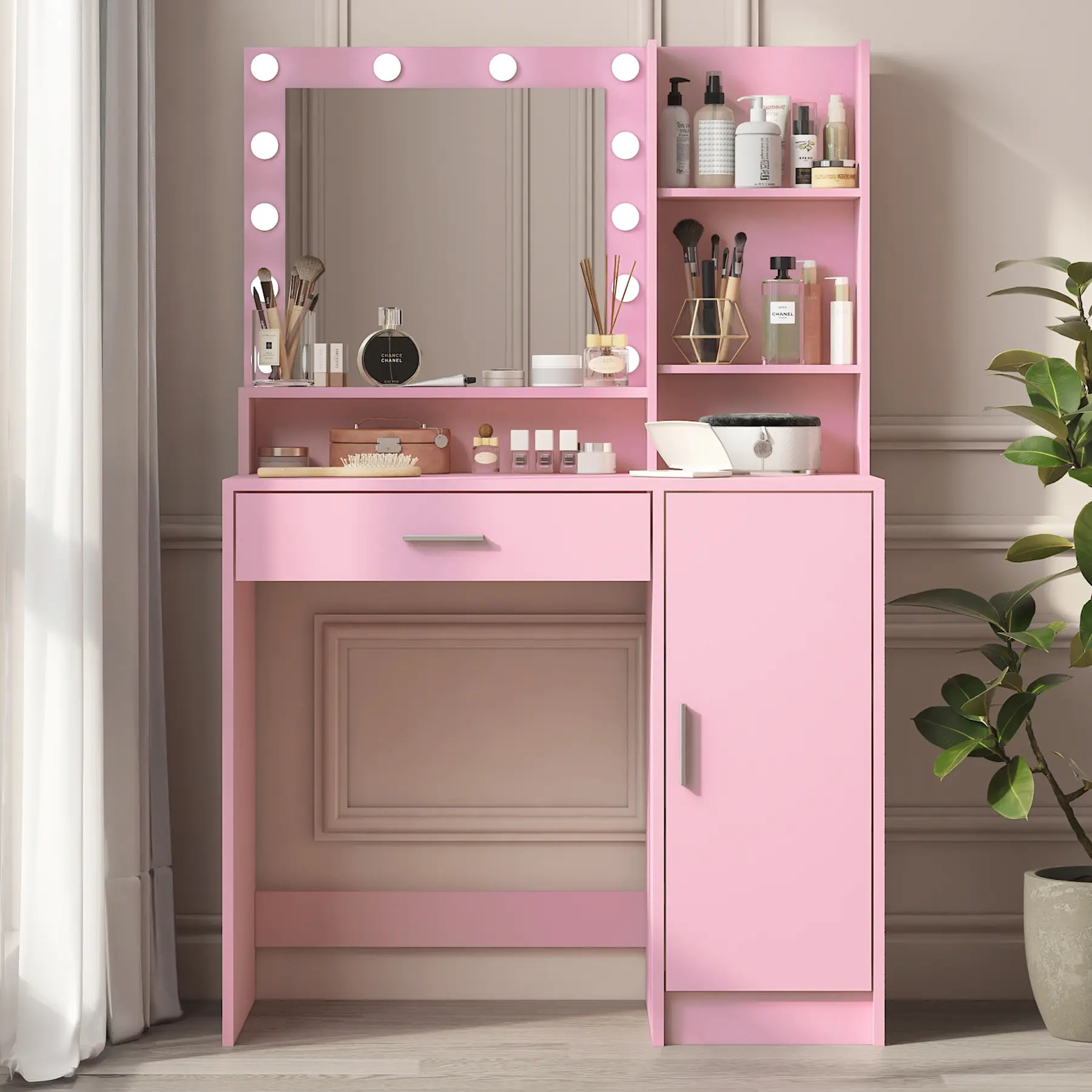 Bellemave Classic Lighted Makeup Vanity Desk - Vanity with Lights, Stylish Adjustable High-Brightness Drawer-Style 35.4W Mirrored Dresser, Large Drawer, 3-Level Storage, Easy-Install Standable Indoor Furniture, Room Decor (53.9"Hx35.4"Wx15.7"D), Stylish M
