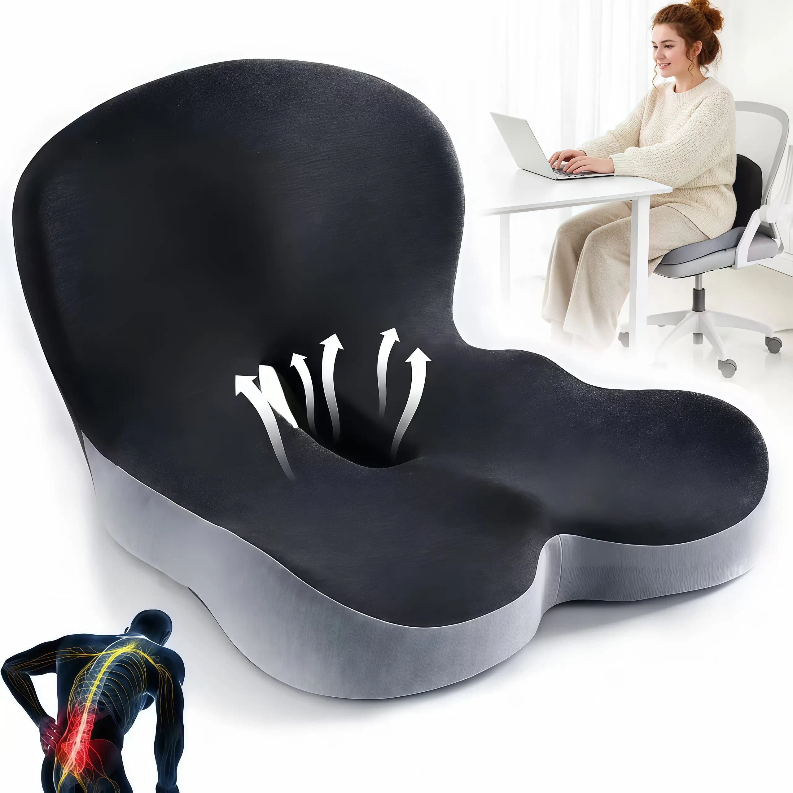 【Back to School】Non-Slip Memory Foam Chair Pad with Skin-Friendly Removable Cover, Extended Zipper, Back Support, Stable Design for Dad, Office Desk Relaxation, Sciatica Relief on Long Drives, Deep Seat Cushion, Removable Cover Chair Pads