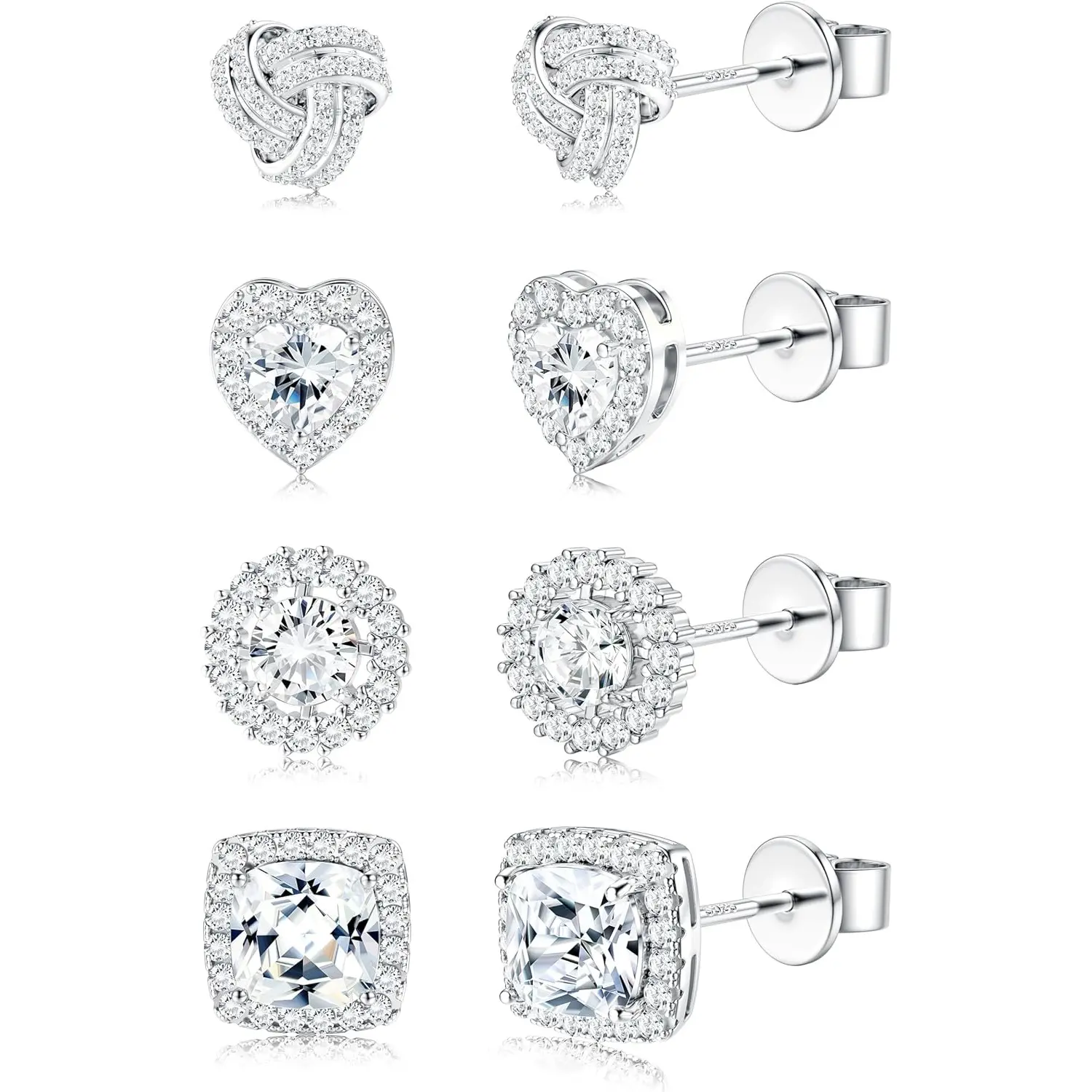 Trendy 4 Pairs Sterling Silver CZ Stud Earrings for Women 14K Gold Plated Brilliant Celtic Heart Big Stud Earrings Set Cubic Zirconia Earrings Studs for Sensitive Ear