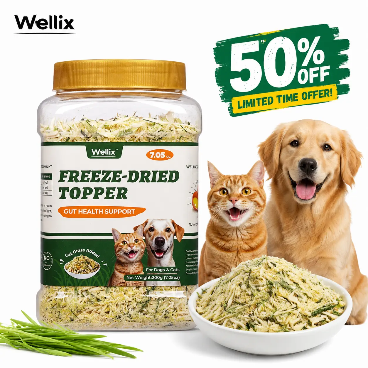 Wellix 7.5oz Cat & Dog Cat Grass Food Topper - Chicken, Egg Yolk, Cat Grass | Freeze Dried Chicken Formula | Low Calorie | Support Hairball Control & Gut Health | Natural, Nutritious