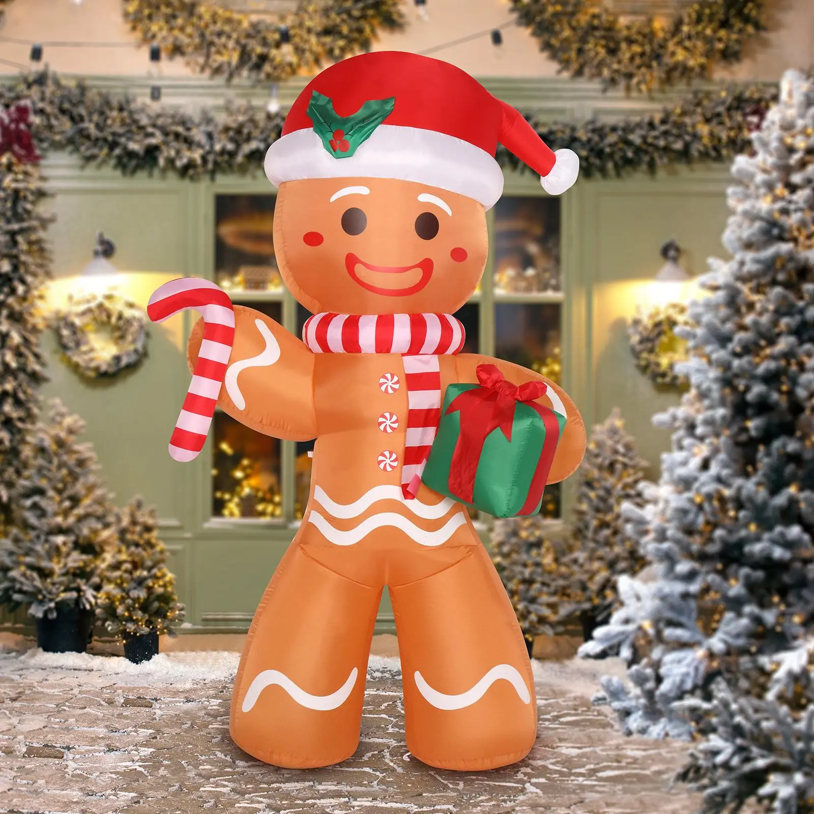 Outdoor Christmas Gingerbread Man Light Decoration, 8ft 15W with 5 LEDs, Gift-Holding Design, Plastic Build, 2x3m Pull Cords, 4.85lbs, for Party & Ceremony Use