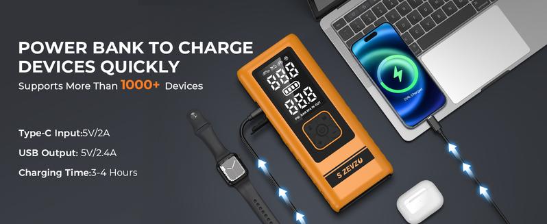 14000mAh Ultra-Safe Jump Starter with 150 PSI Air Compressor 45W Fast Charging Tire Pressure Check LED Light Jumper Cables Air Hose Storage Bag 4-in-1 Charging Cable