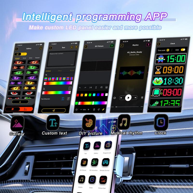 LED Display for Car, Programmable Flexible LED Light, Customizable DIY Pattern or Text Color RGB Pixel Screen with USB/Bluetooth APP Remote Control Dashboard for Cars/Trucks/SUV/Room Decorate