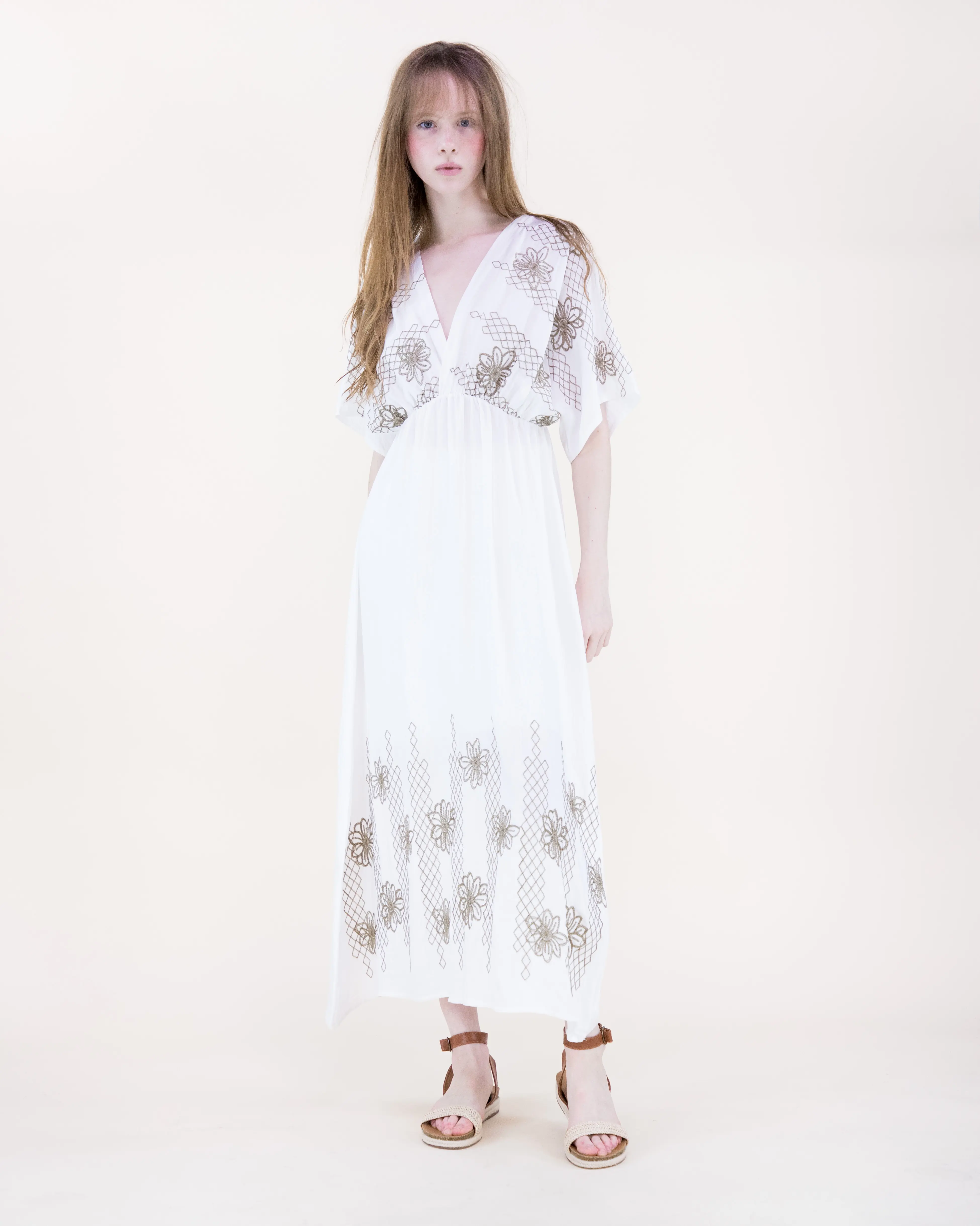 Women's Feminine Floral Embroidered Casual Collection - Kimono Sleeve Maxi Dress, Sleeveless Top, Solid Sleeveless Maxi Dress with Contrast Detail for Resort, Everyday Vacation Wear