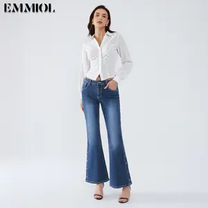 Women Bell Bottom Jeans Stretchy Flare Mid Rise Embroidery Vintage Denim Pants 90s Outfits Y2k Clothes