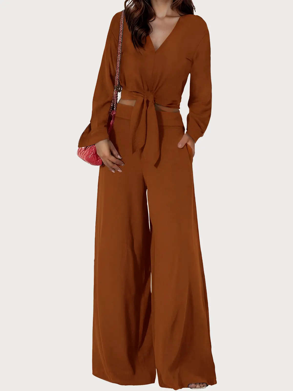 Women's Elegant Tie-Front Jumpsuit: Chic Bow Knot Top, Flare Bell Sleeves & Flowy Wide-Leg Pants One-Piece Rompe